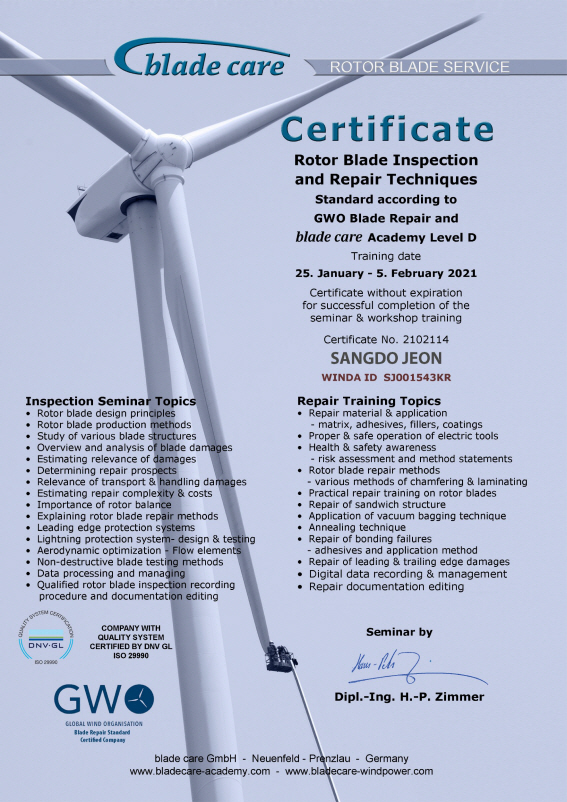 GWO Blade Repair & Blade Care Academy Level D Certificate